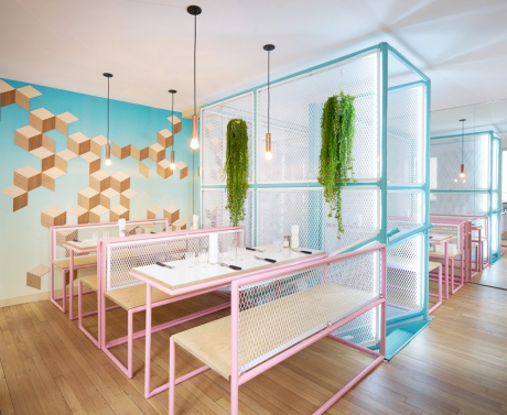 Pink+and+blue+pipes+with+white+fencing+at+PNY's+new+Restaurant+designed+by+CUT+Architectures+|+KNSTRCT